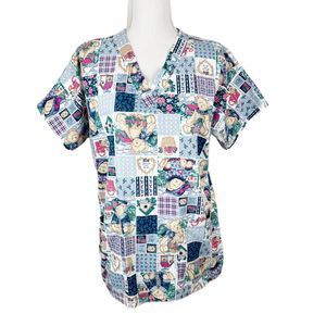 Dilly Uniform by Lintex Scrubs Top Women Large Teddy Bear Print Short Sleeve